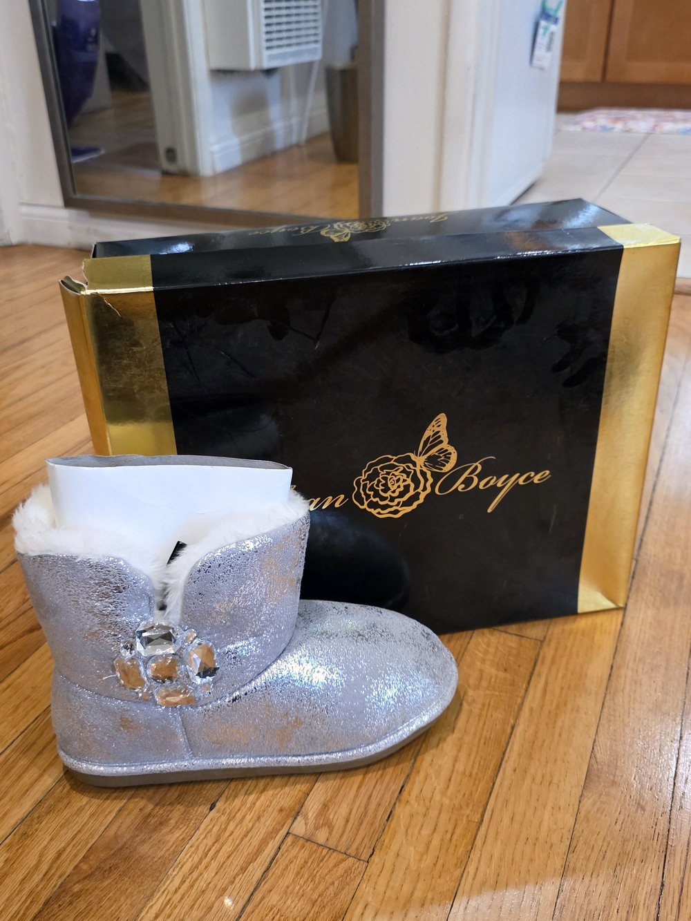 Joan Boyce Silver Sparkle Faux Fur Ankle Boots with Jewel Accent